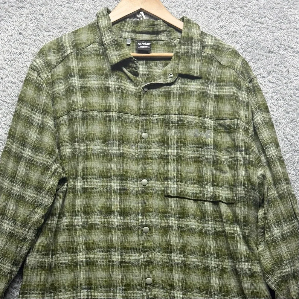 Under Armour Flannel Shirt Mens XL Green Plaid Snap Up Long Sleeve Pocket Logo